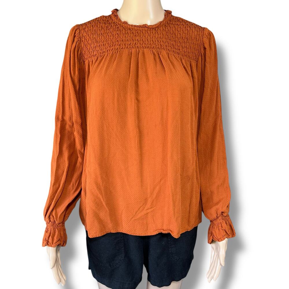 A New Day Womens Blouse Shirt Top Ruffle Accents Long Sleeve Orange Medium